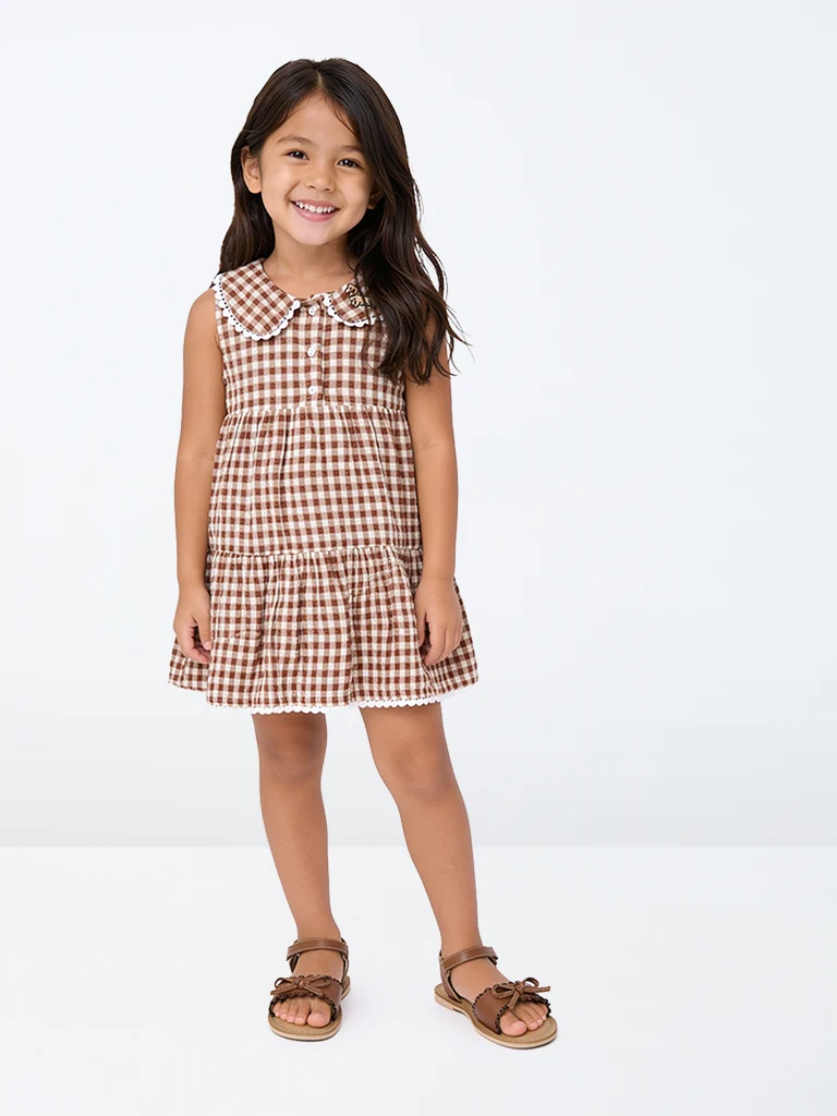 Kids Girls Brown Gingham Checkered Cotton A-Line Dress